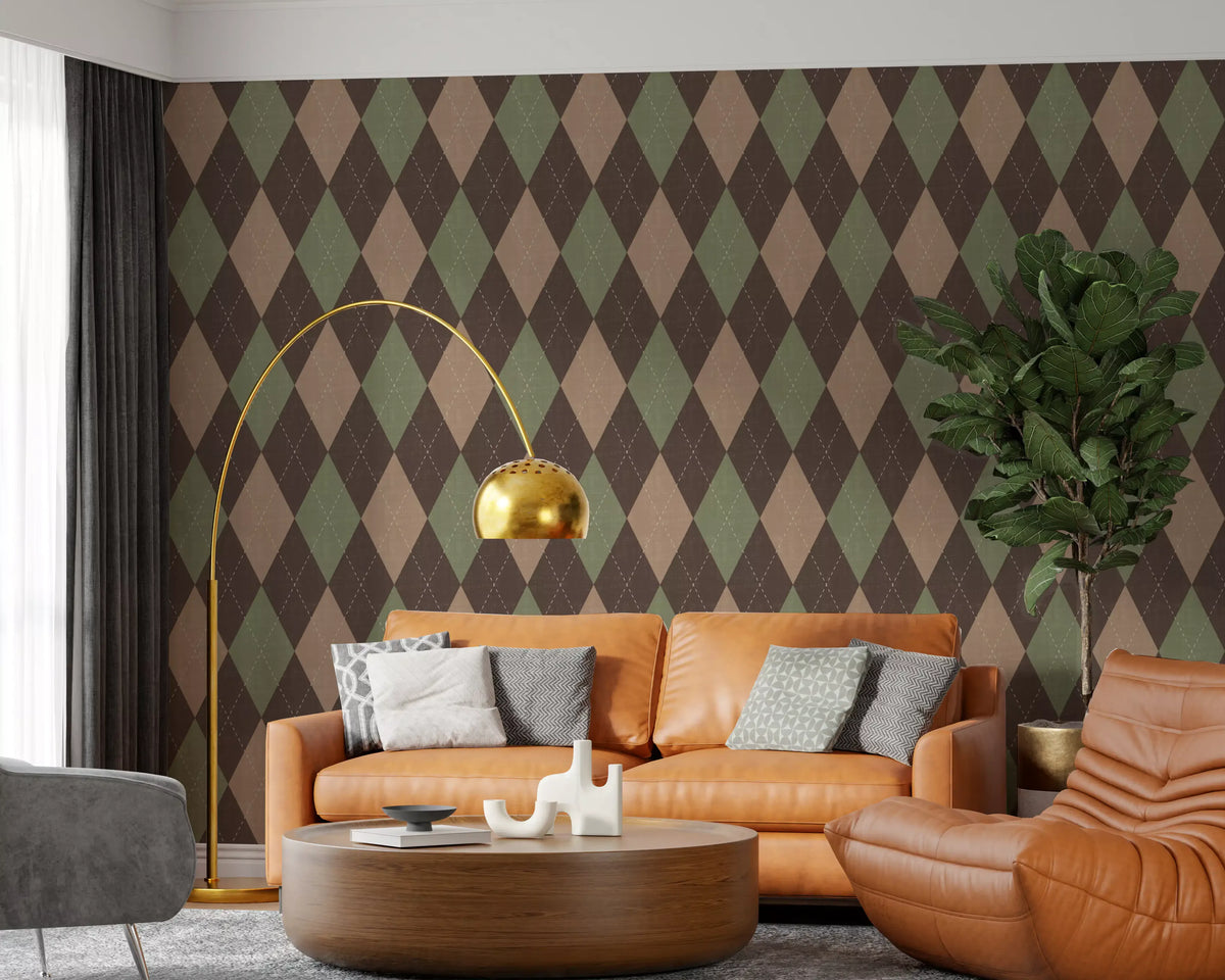 Harlequin diamond wallpaper in a living room with a tan leather sofa GD12717