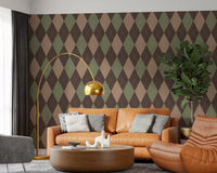 Harlequin diamond wallpaper in a living room with a tan leather sofa GD12717