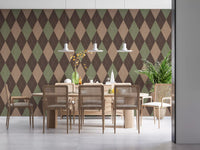 Muted geometric wallpaper in a dining room with wooden chairs GD12717
