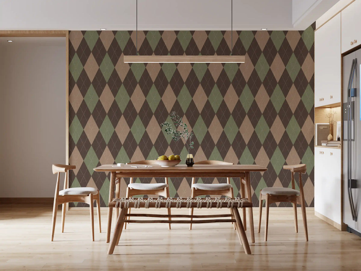 Harlequin geometric wallpaper in a dining room with a long wooden table GD12717