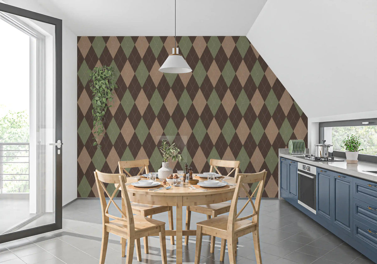 Brown and green diamond wallpaper in a kitchen dining nook with a round table GD12717