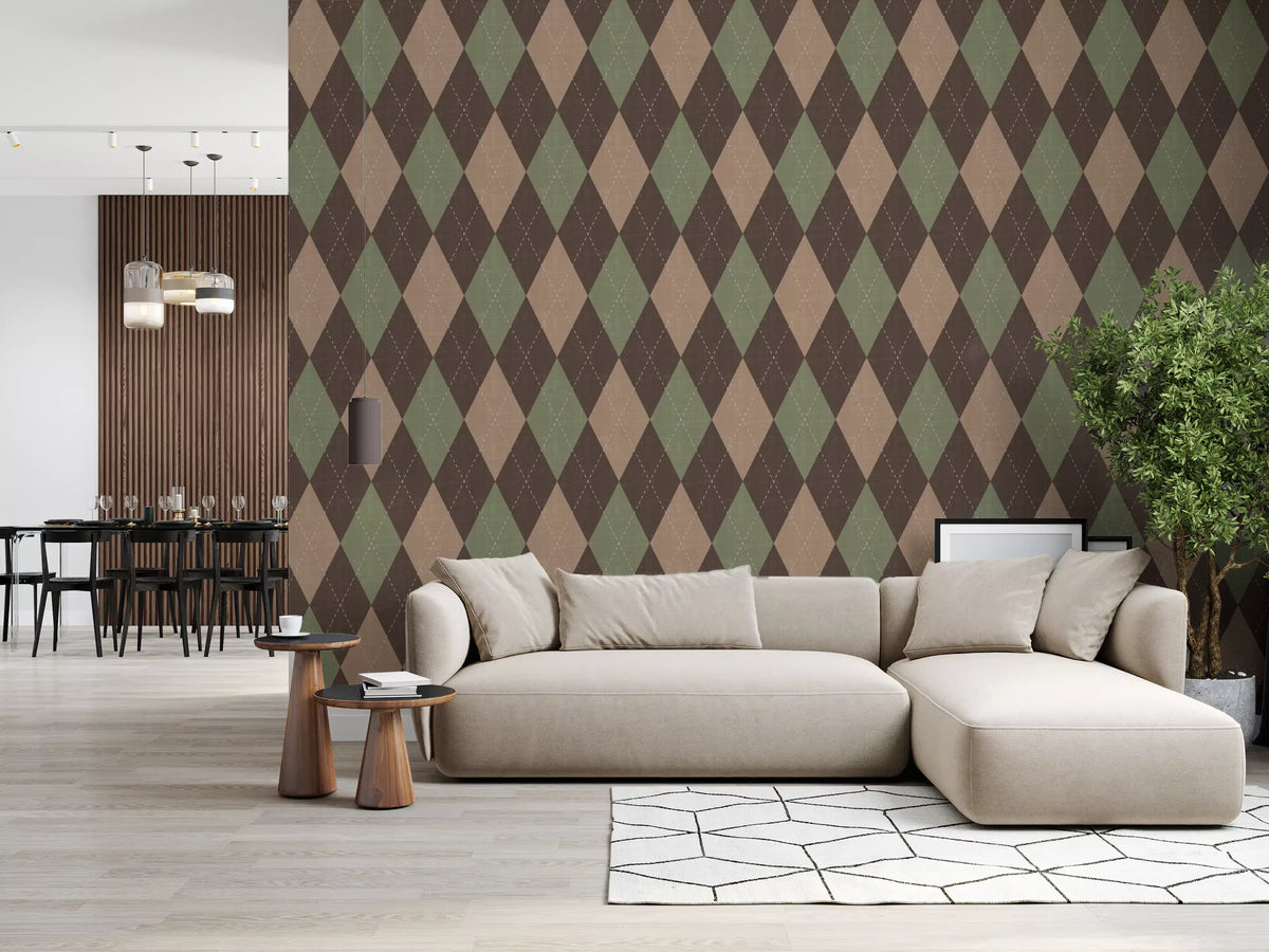 Argyle wallpaper in a bright living room with a beige sectional sofa GD12717