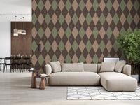 Argyle wallpaper in a bright living room with a beige sectional sofa GD12717