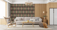 Argyle wallpaper in a living room with a grey sofa and wood panelling GD12717