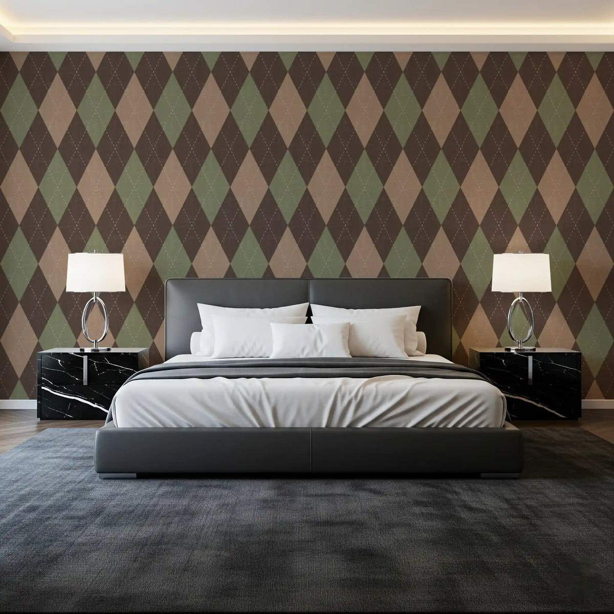 Brown and green argyle wallpaper in a modern bedroom with a grey bed GD12717
