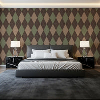 Brown and green argyle wallpaper in a modern bedroom with a grey bed GD12717
