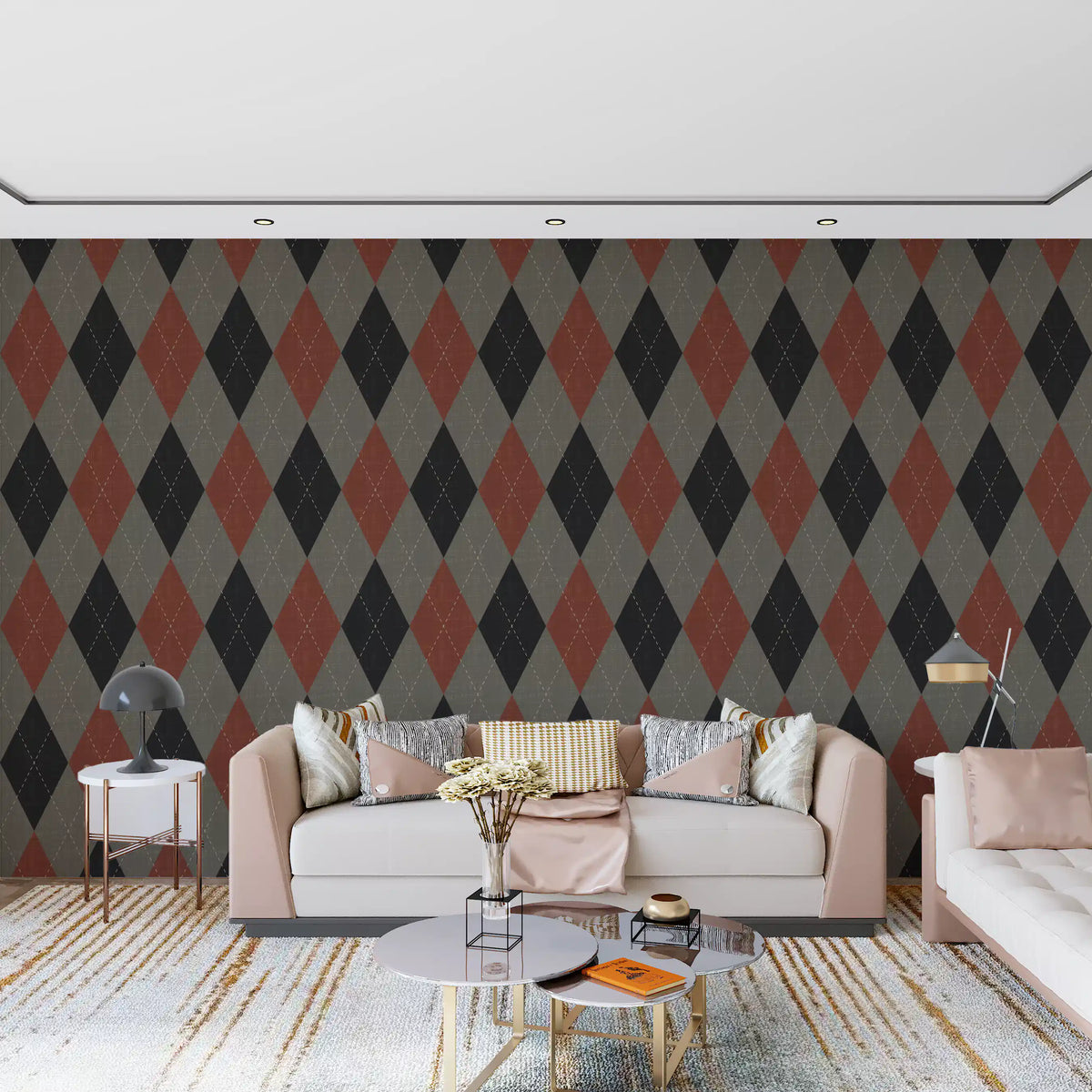 Charcoal and rust argyle wallpaper on a feature wall in a styled living room GD12718