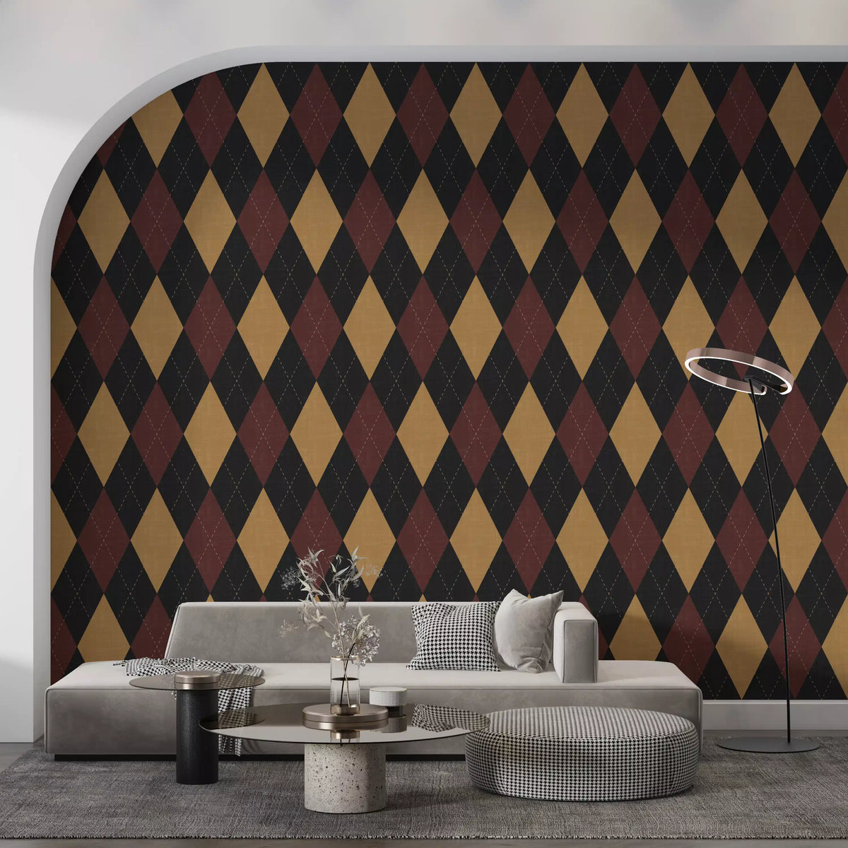 Black and gold argyle wallpaper on a bold living room feature wall GD12719