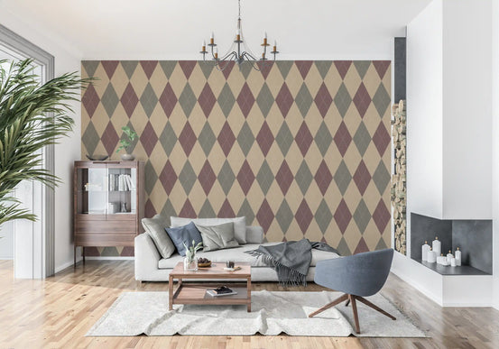 Tan and burgundy argyle wallpaper in a living room with a fireplace and blue chair GD12720