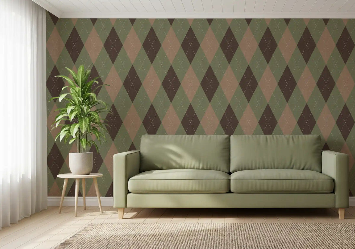 Olive green argyle wallpaper in a living room with a green sofa GD12722