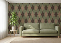 Olive green argyle wallpaper in a living room with a green sofa GD12722