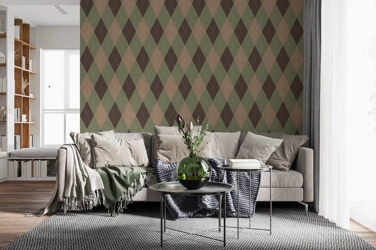 Muted argyle wallpaper in a living room with a grey sofa GD12722