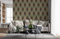 Muted argyle wallpaper in a living room with a grey sofa GD12722