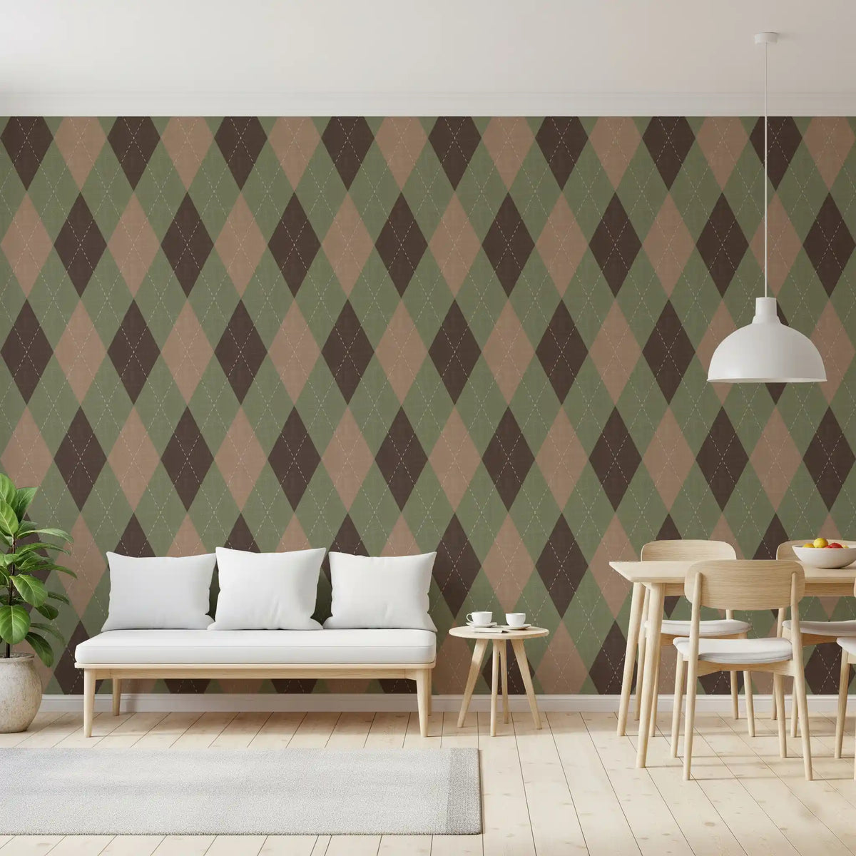 Muted argyle diamond wallpaper in a living and dining space with white sofa GD12722