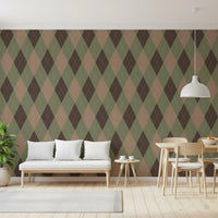 Muted argyle diamond wallpaper in a living and dining space with white sofa GD12722