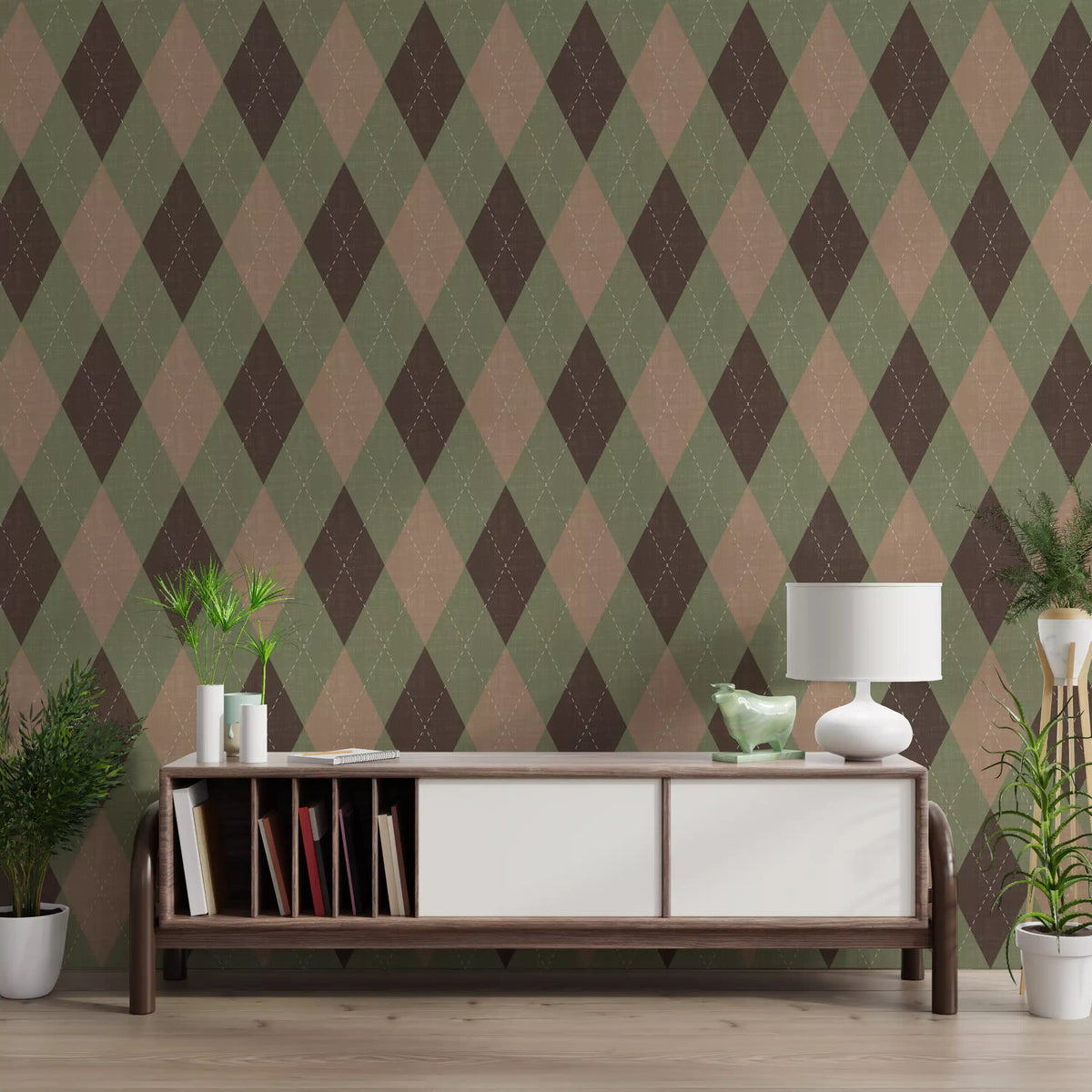 Heritage diamond wallpaper above a wooden console in a living room GD12722