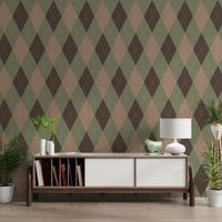 Heritage diamond wallpaper above a wooden console in a living room GD12722