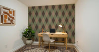 Vintage argyle wallpaper in a home office with a wooden desk GD12722