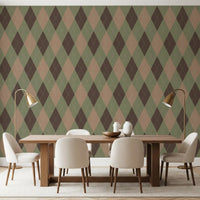 Classic harlequin wallpaper behind a wooden dining table and cream chairs GD12722