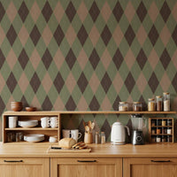 Green and beige diamond wallpaper in a kitchen with wooden cabinets GD12722