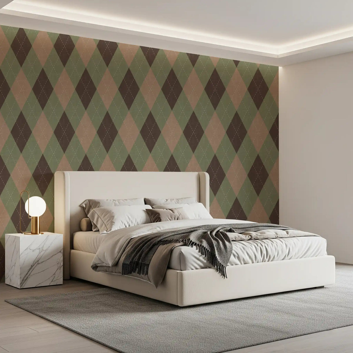 Classic argyle wallpaper behind a cream bed in a cosy bedroom GD12722