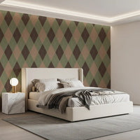 Classic argyle wallpaper behind a cream bed in a cosy bedroom GD12722