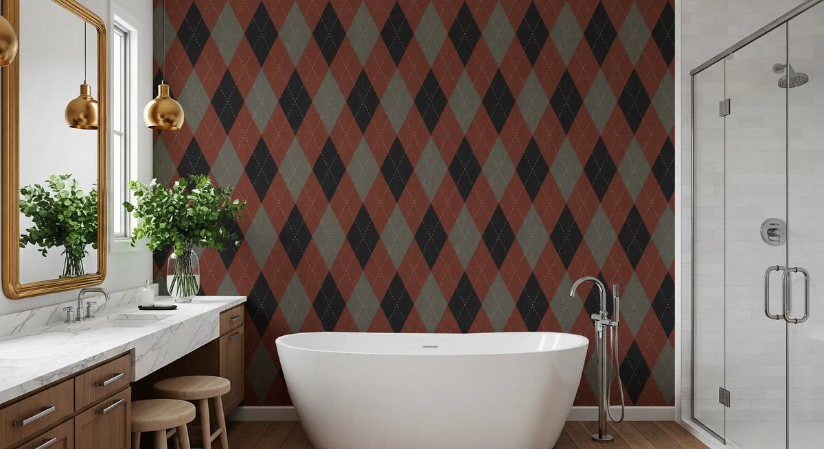Bold red and black argyle wallpaper in a bathroom with a freestanding tub GD12723