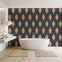 Blue diamond wallpaper in a bathroom with a freestanding tub GD12724