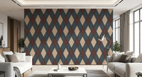 Blue and maroon harlequin wallpaper in a living room with a white sofa GD12724