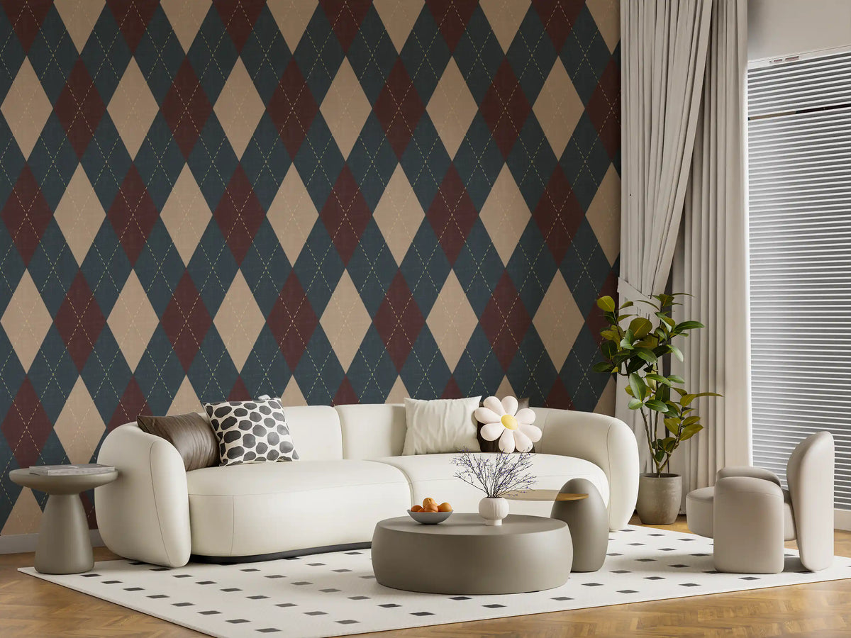 Cool-toned argyle wallpaper in a living room with a curved cream sofa GD12724