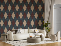 Cool-toned argyle wallpaper in a living room with a curved cream sofa GD12724