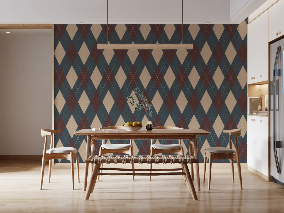 Navy argyle wallpaper in a dining room with wooden chairs GD12724