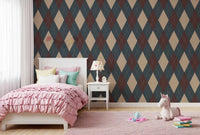 Cool blue argyle wallpaper in a girls bedroom with pink bedding GD12724