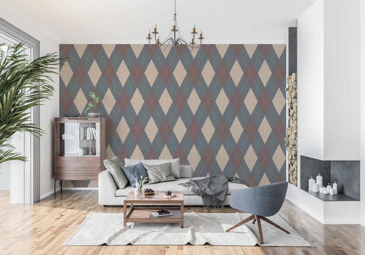 Crisp argyle diamond wallpaper in a bright living room GD12724
