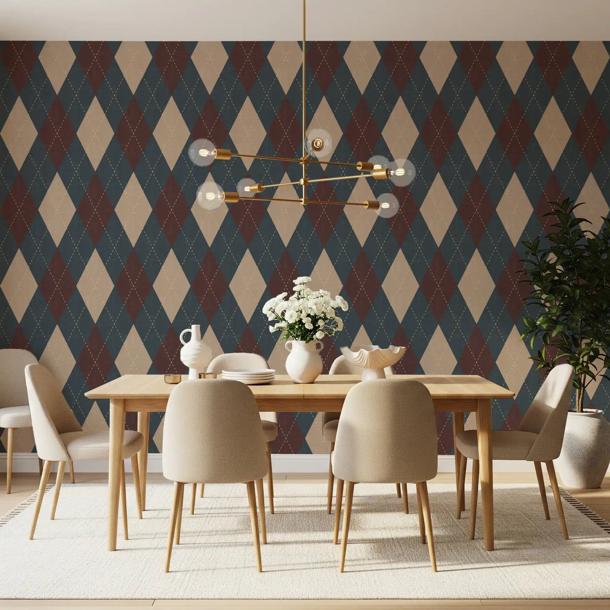 Cool argyle harlequin wallpaper in a dining room with cream chairs GD12724