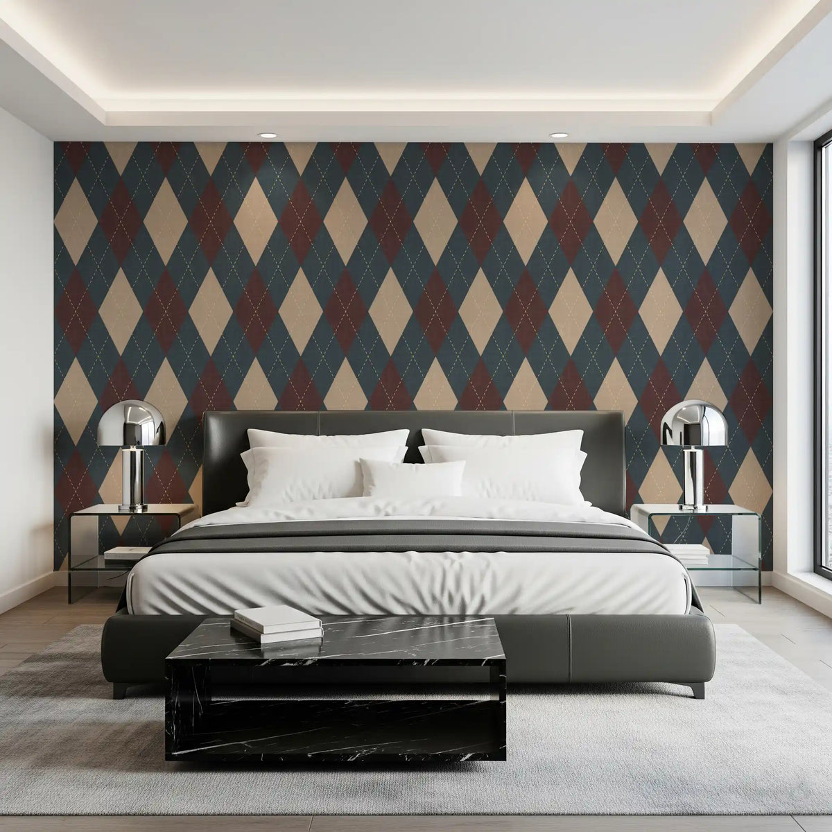 Navy and beige argyle wallpaper behind a dark bed in a bedroom GD12724