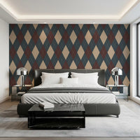 Navy and beige argyle wallpaper behind a dark bed in a bedroom GD12724