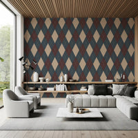 Navy and beige argyle wallpaper in a living room with a grey sectional GD12724