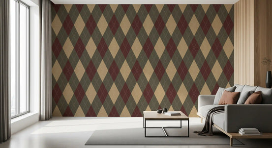 Warm brown and red argyle wallpaper in a minimal living room GD12725
