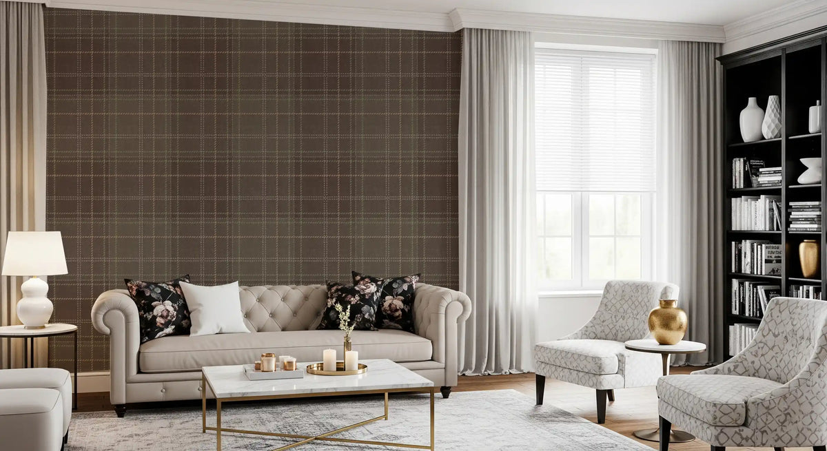 Taupe tartan wallpaper in a living room with a chesterfield sofa GD12727