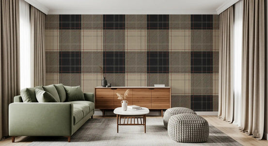 High-contrast tartan wallpaper in a living room with a green sofa GD12728