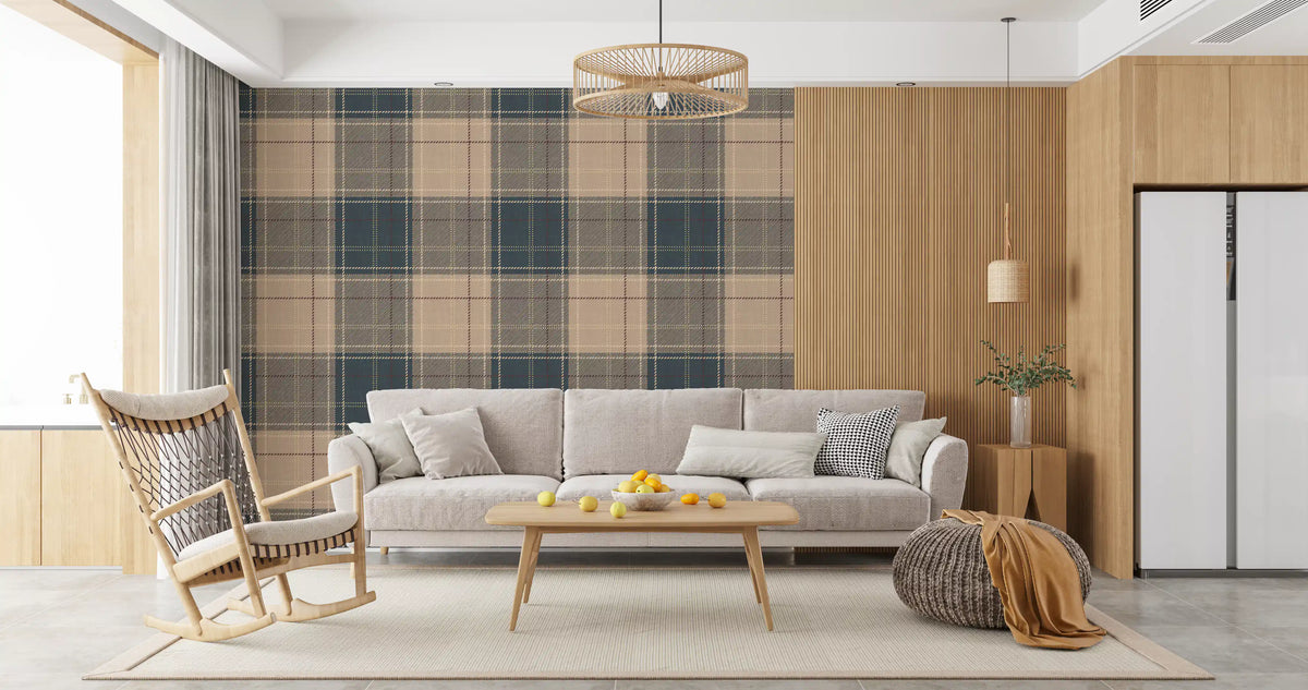 Indigo tartan wallpaper in a living room with a grey sofa GD12729