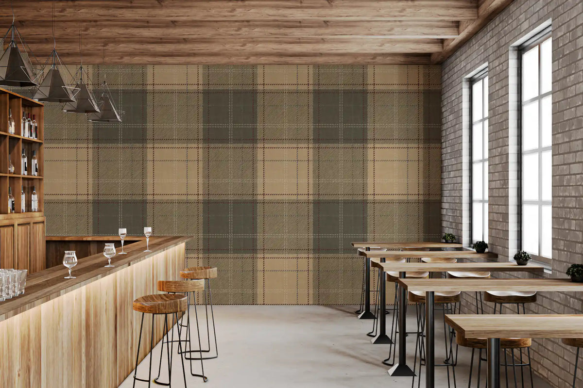 Earthy tartan wallpaper in a cafe-style bar and kitchen area GD12730