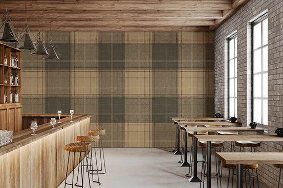 Earthy tartan wallpaper in a cafe-style bar and kitchen area GD12730
