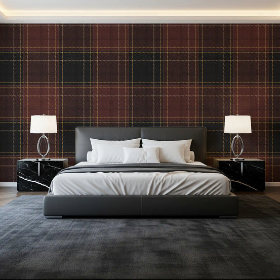 Dark tartan wallpaper behind a dark bed in a moody bedroom GD12731