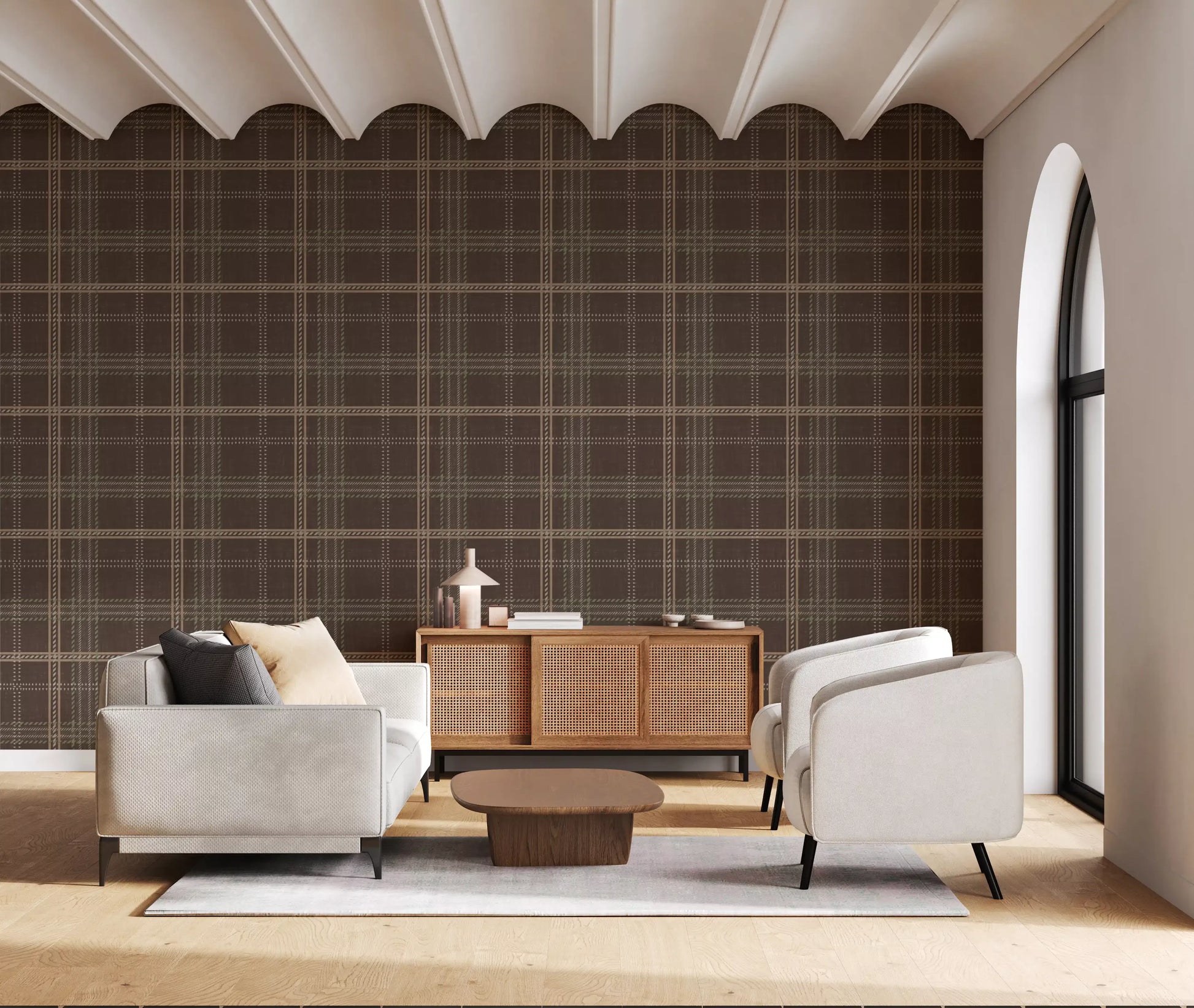Winter Heritage - Windowpane Tartan Plaid Check - Soft Taupe Blend Wallpaper⁠