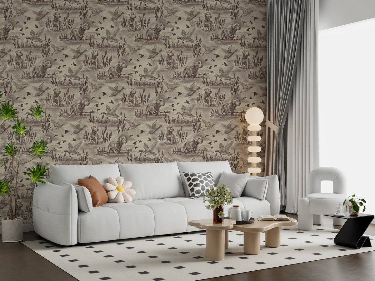 Etched meadow wallpaper behind a light grey sofa with green plants in a living room GD12742