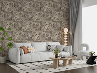 Etched meadow wallpaper behind a light grey sofa with green plants in a living room GD12742