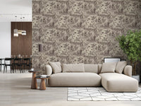 Sepia retriever and duck toile wallpaper in an open-plan living room with a beige sofa GD12742