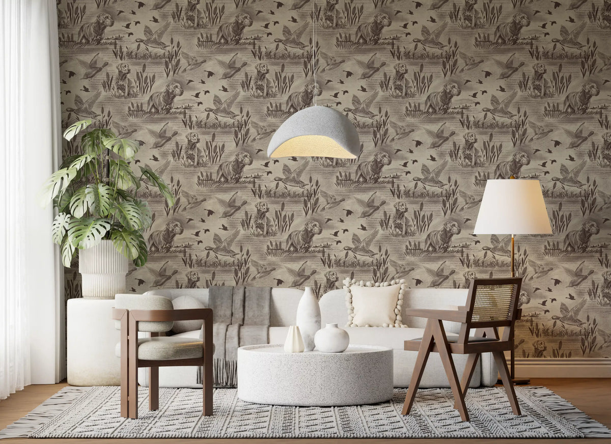 Vintage wildlife toile wallpaper adding heritage charm to a room wall GD12742
